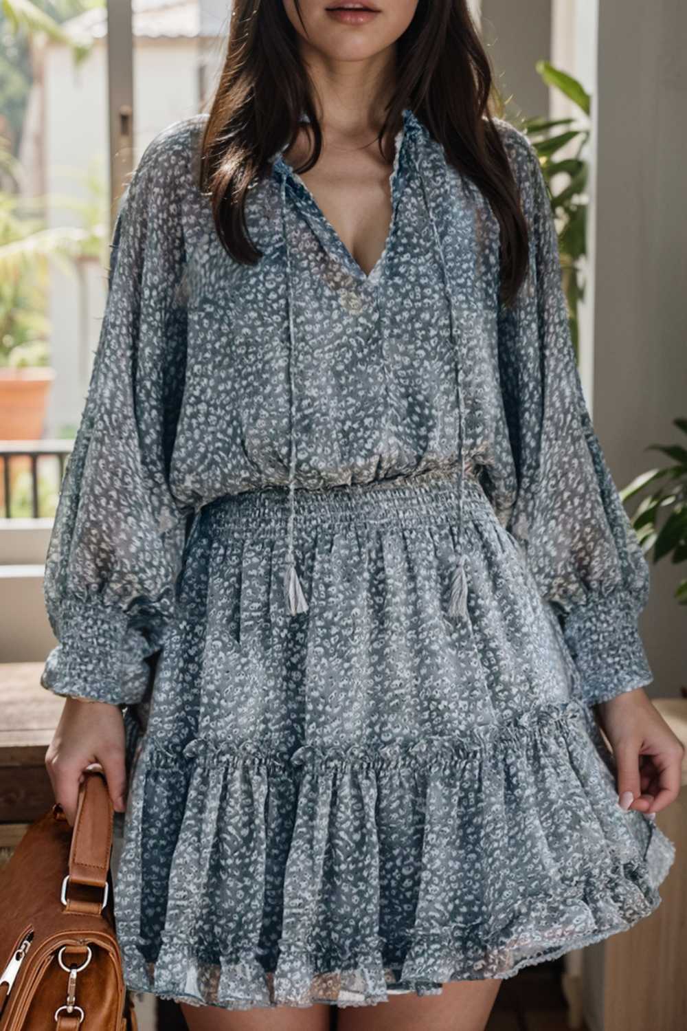 loose leopard print v neck dress drop shoulder a line closed cape paneled 138053