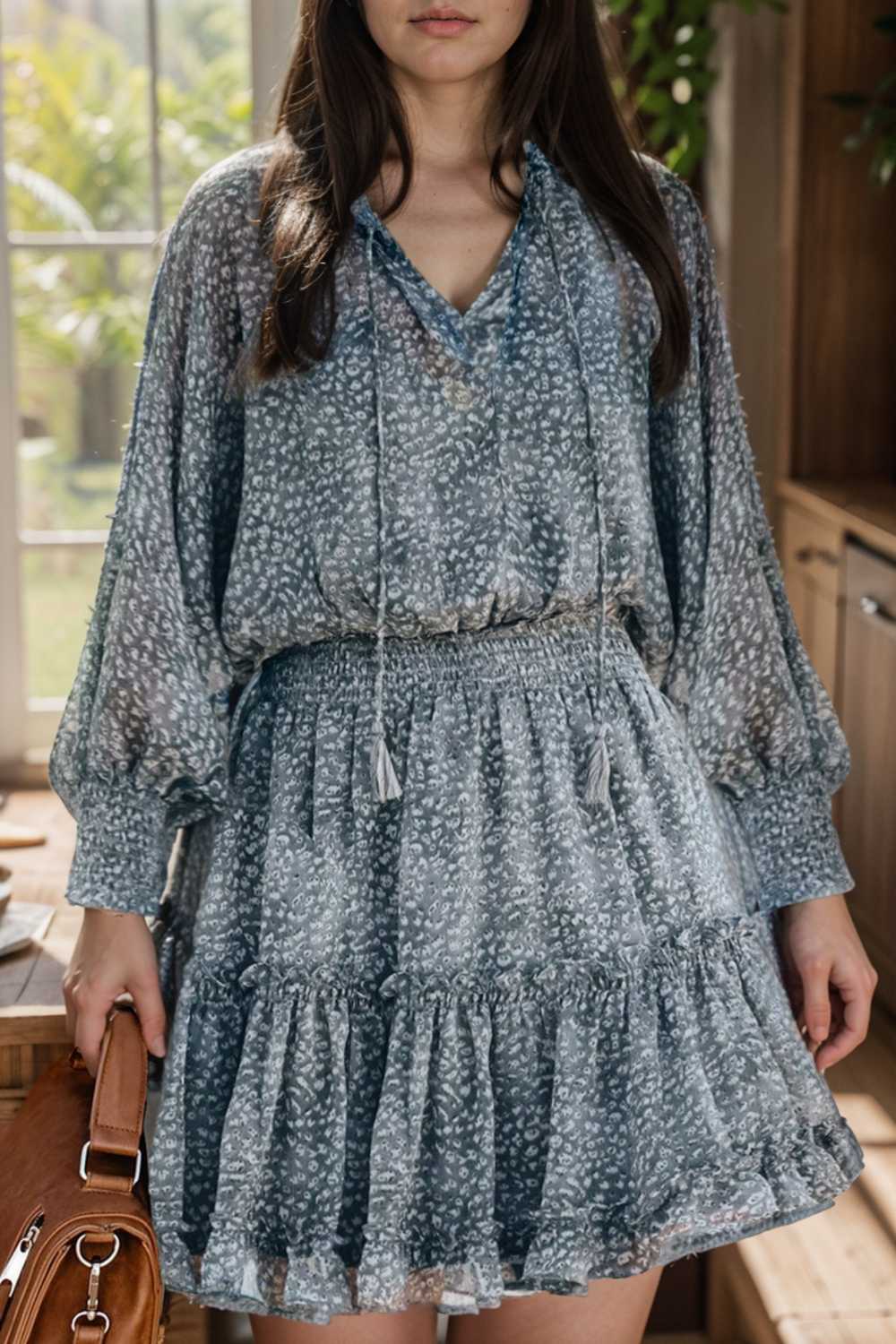 loose leopard print v neck dress drop shoulder a line closed cape paneled 130301