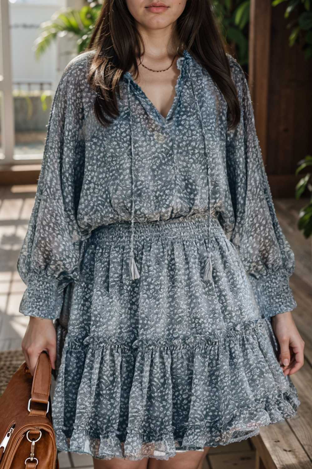 loose leopard print v neck dress drop shoulder a line closed cape paneled 116530