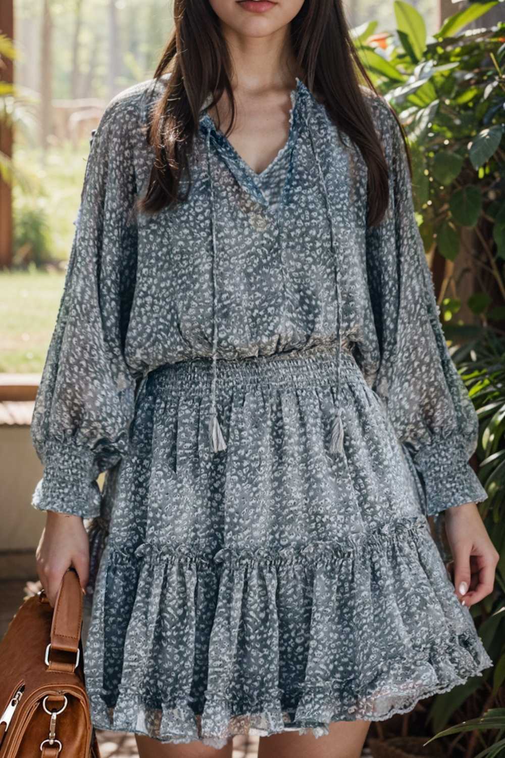 loose leopard print v neck dress drop shoulder a line closed cape paneled 141785