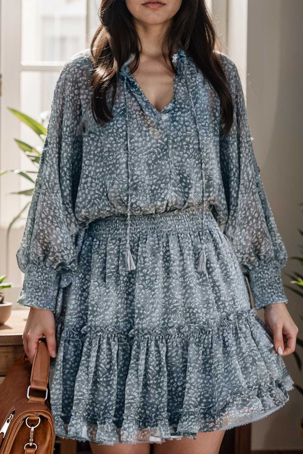loose leopard print v neck dress drop shoulder a line closed cape paneled 130300