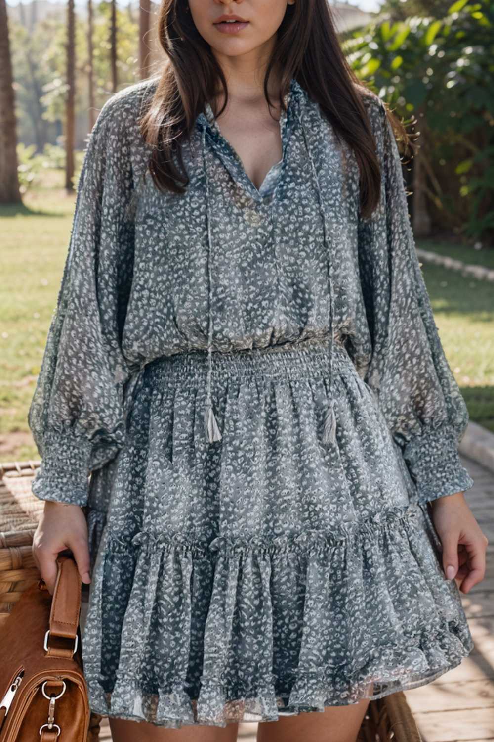 loose leopard print v neck dress drop shoulder a line closed cape paneled 141784