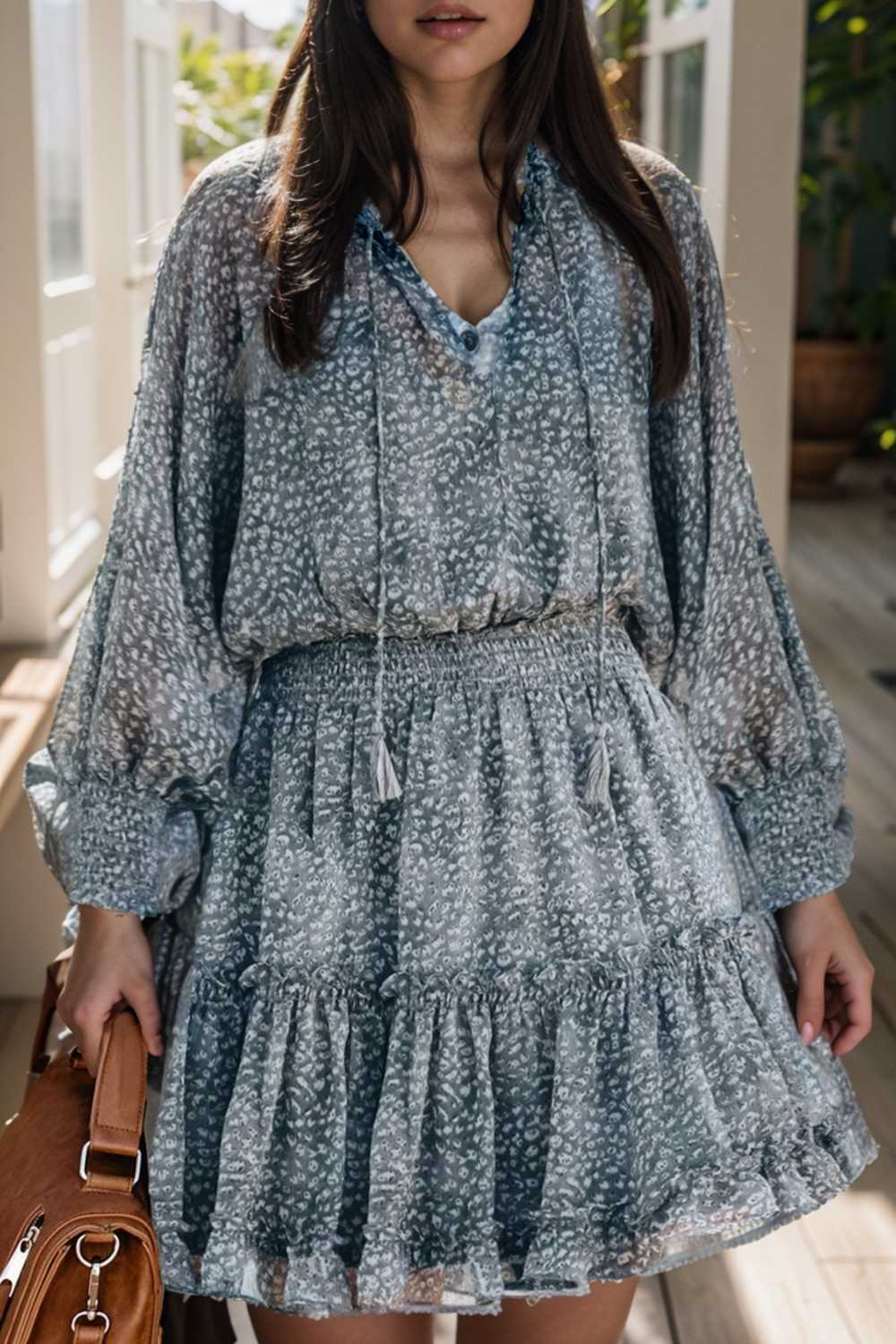 loose leopard print v neck dress drop shoulder a line closed cape paneled 138052