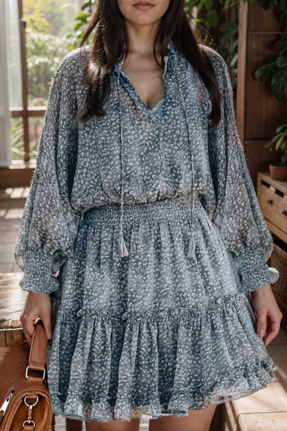 loose leopard print v neck dress drop shoulder a line closed cape paneled 109384