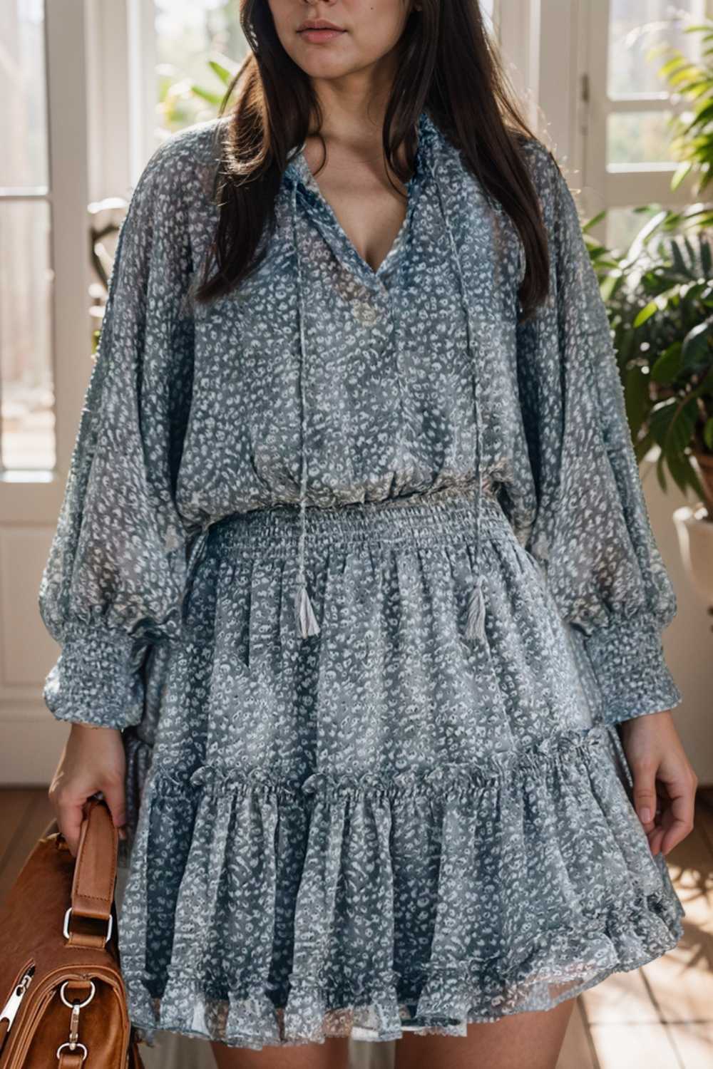 loose leopard print v neck dress drop shoulder a line closed cape paneled 116528