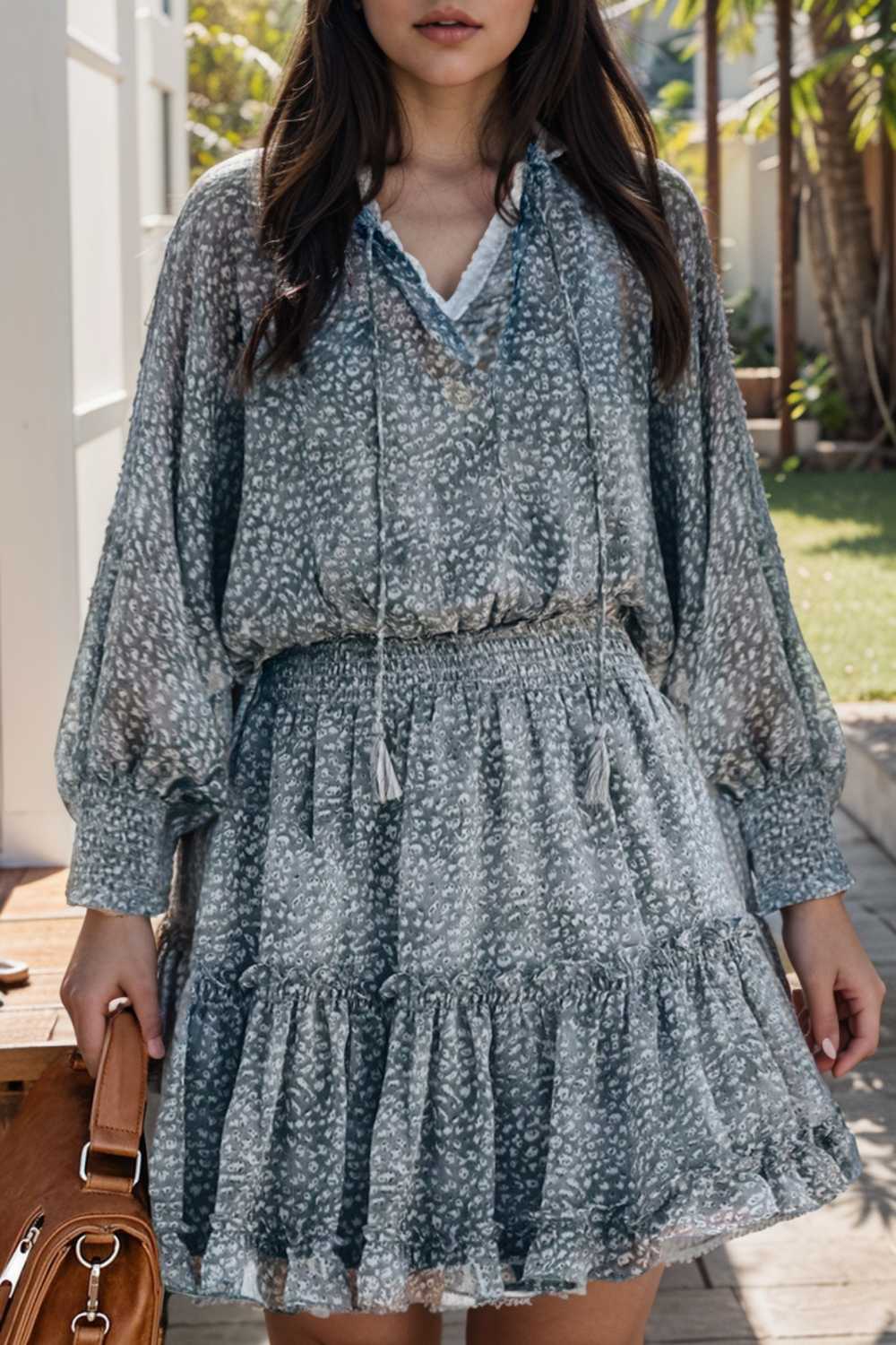 loose leopard print v neck dress drop shoulder a line closed cape paneled 138051