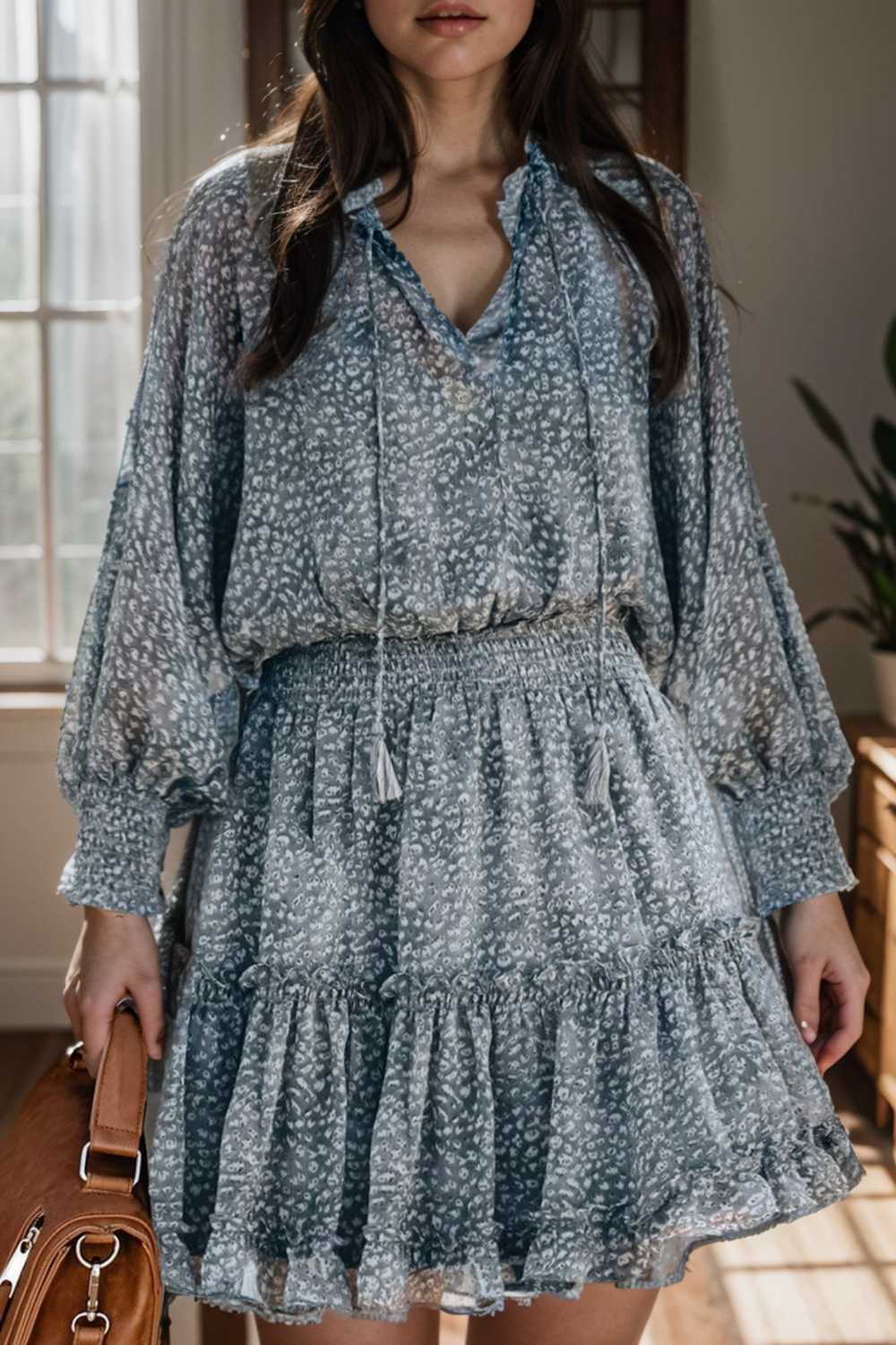 loose leopard print v neck dress drop shoulder a line closed cape paneled 141783