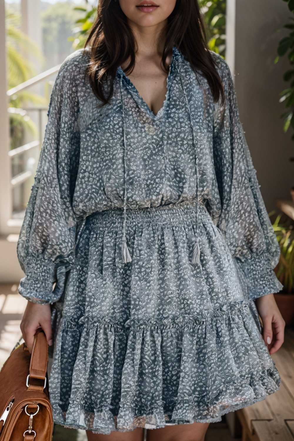 loose leopard print v neck dress drop shoulder a line closed cape paneled 141782