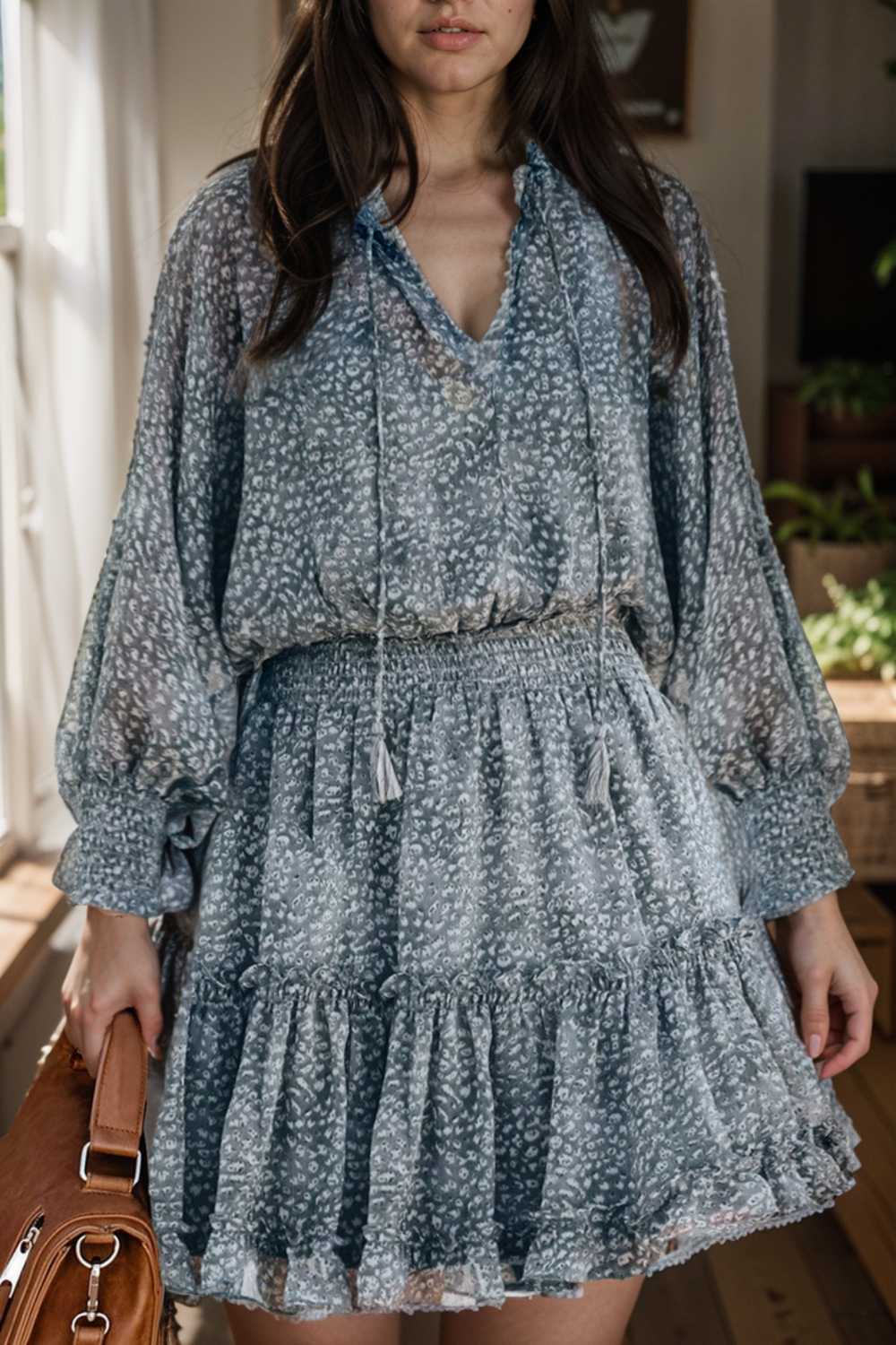 loose leopard print v neck dress drop shoulder a line closed cape paneled 109382