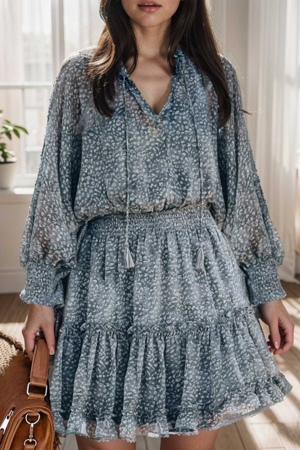 loose leopard print v neck dress drop shoulder a line closed cape paneled 138050