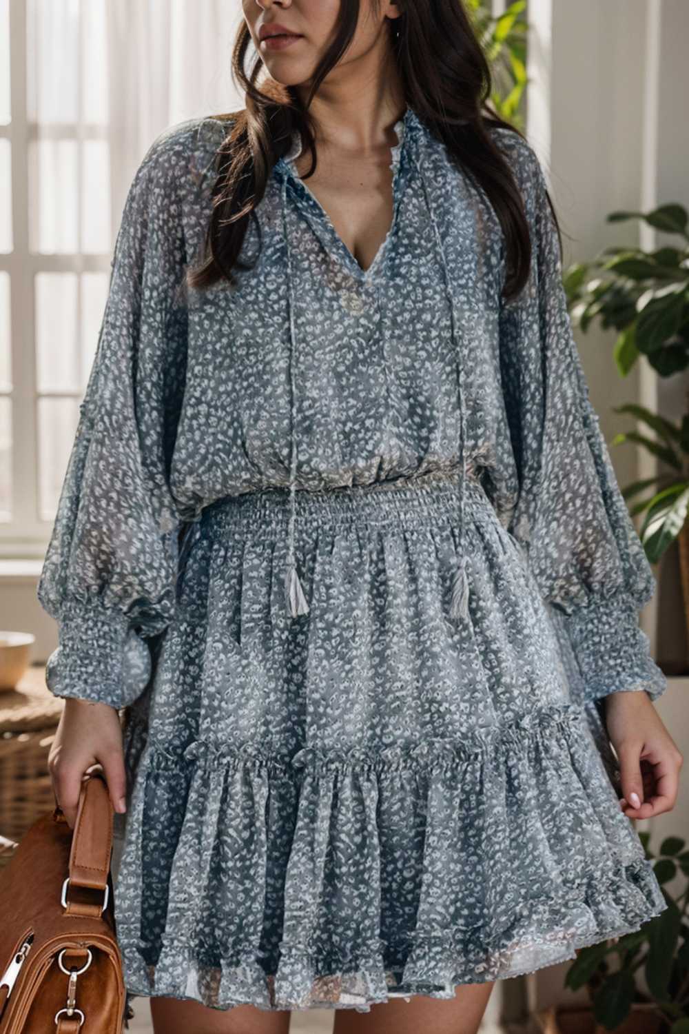 loose leopard print v neck dress drop shoulder a line closed cape paneled 141781