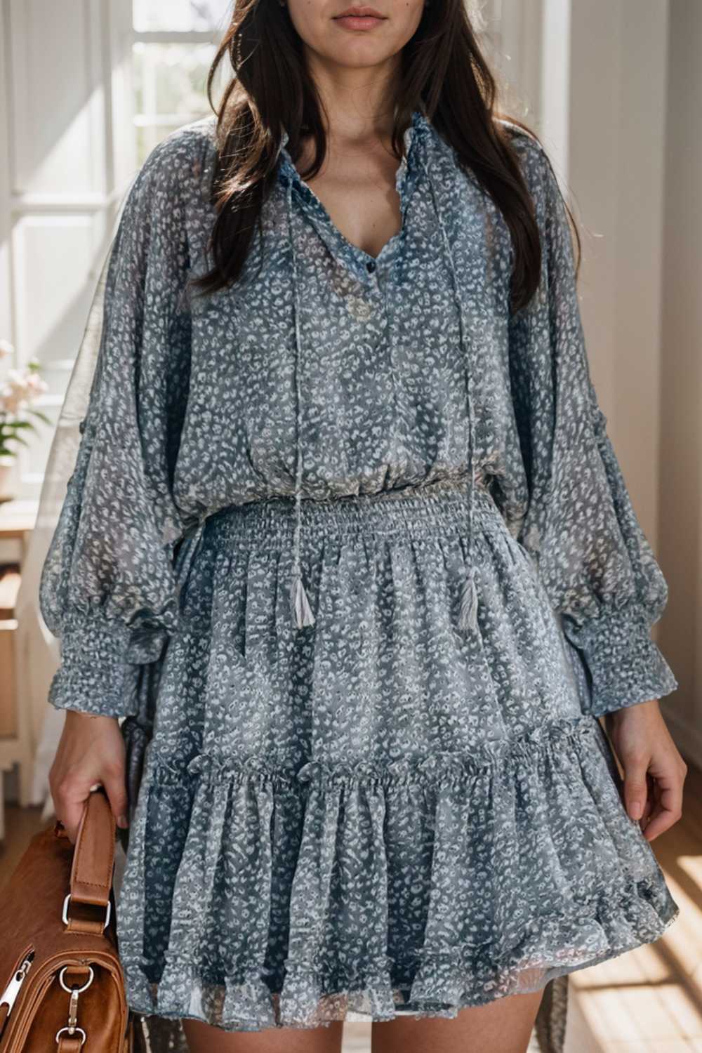 loose leopard print v neck dress drop shoulder a line closed cape paneled 116526