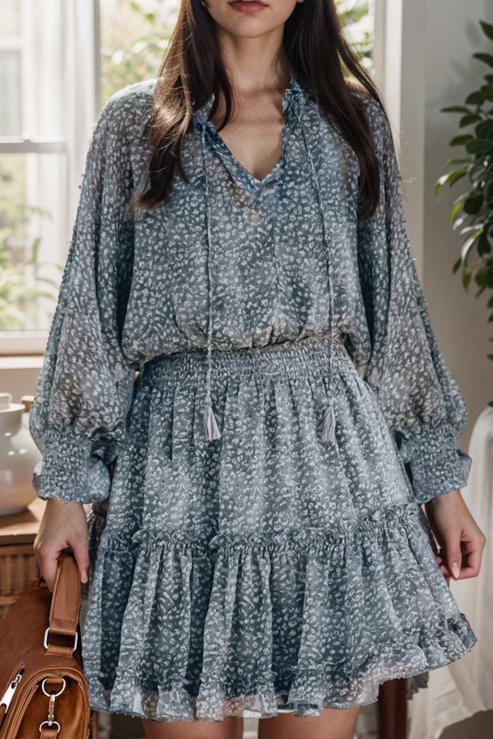loose leopard print v neck dress drop shoulder a line closed cape paneled 138049