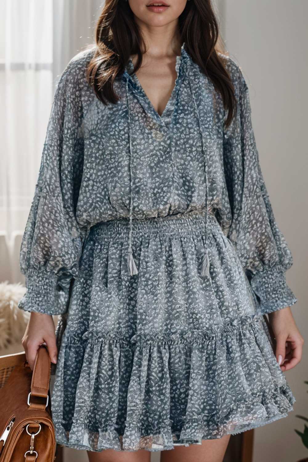 loose leopard print v neck dress drop shoulder a line closed cape paneled 138048