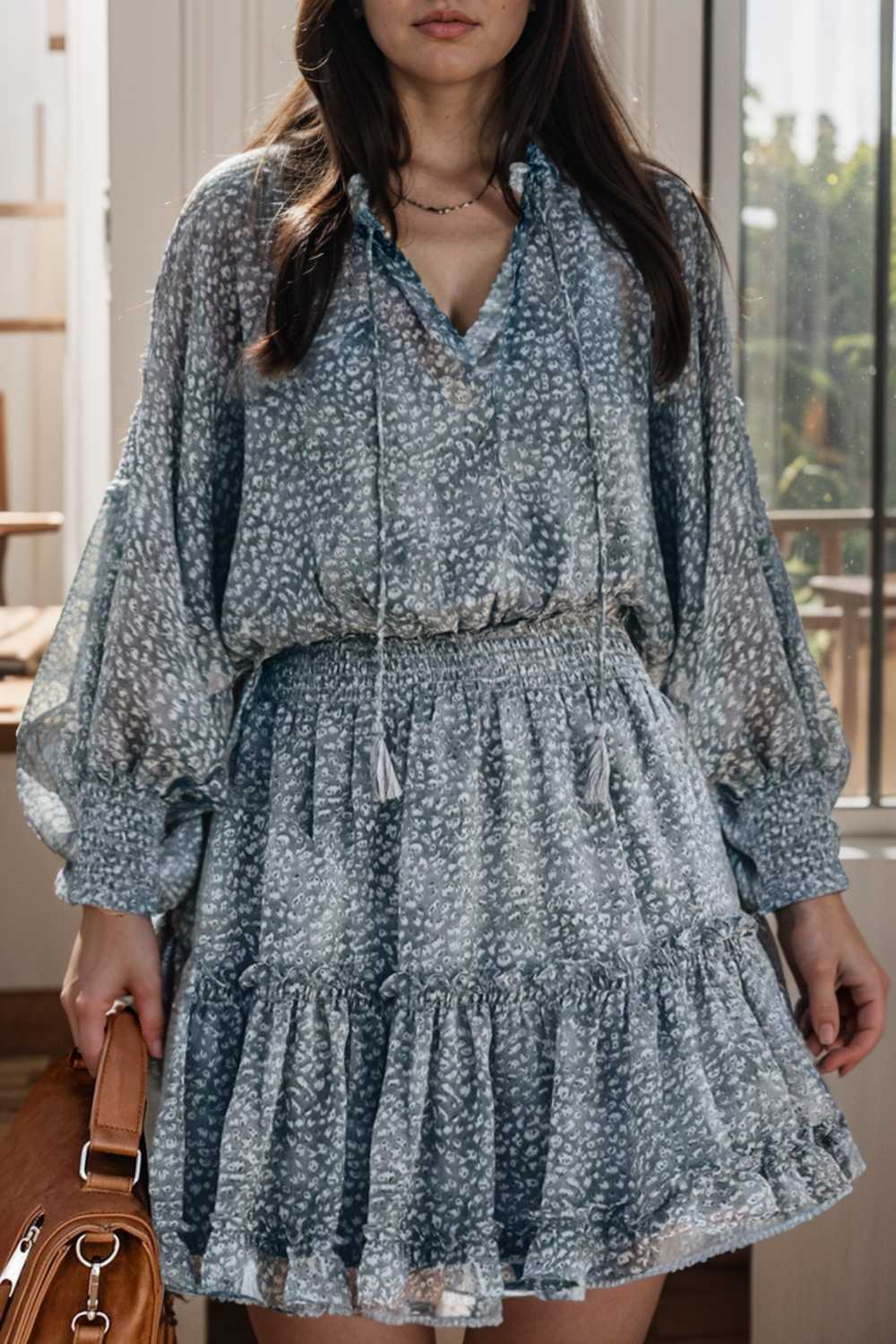 loose leopard print v neck dress drop shoulder a line closed cape paneled 116525