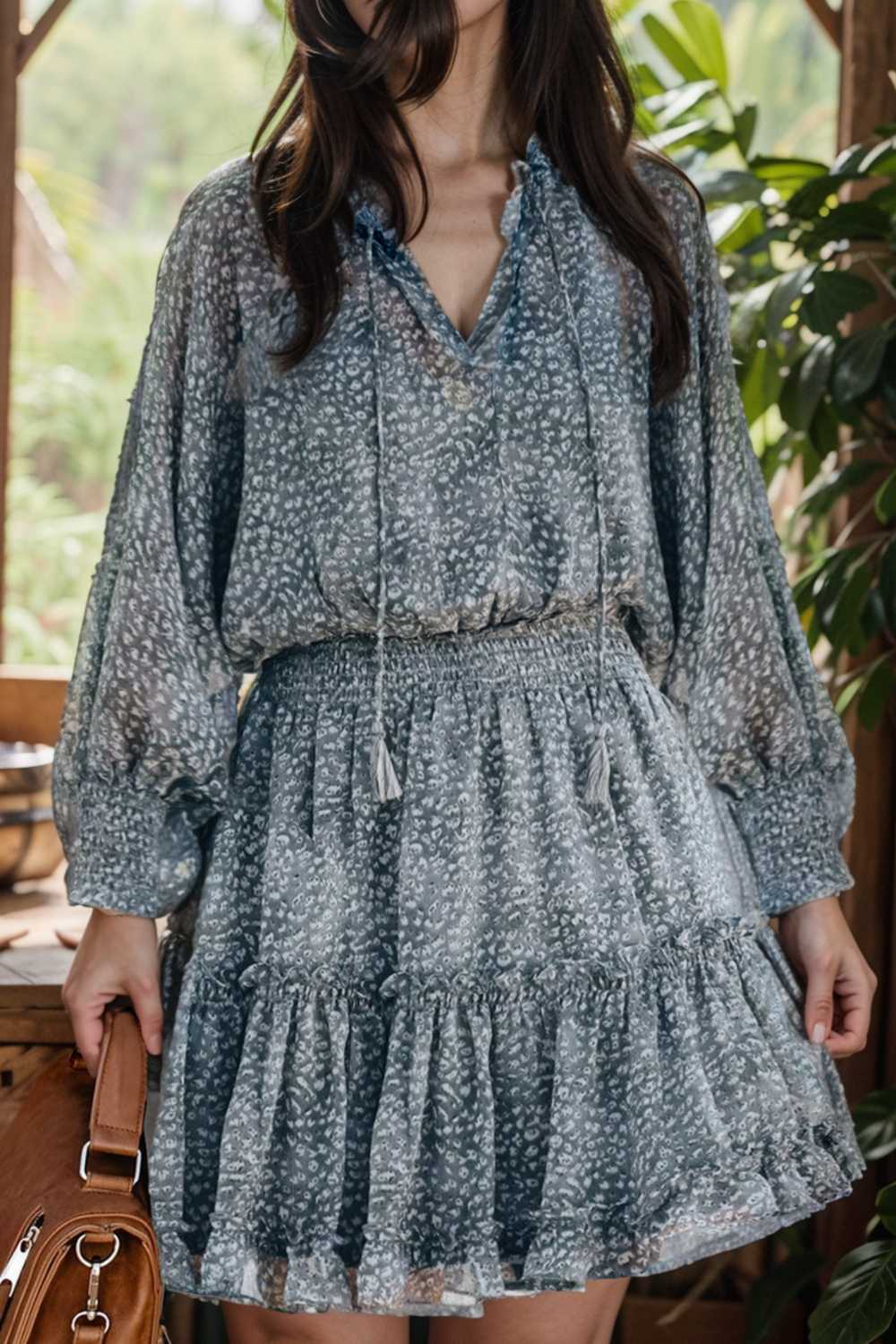 loose leopard print v neck dress drop shoulder a line closed cape paneled 116524