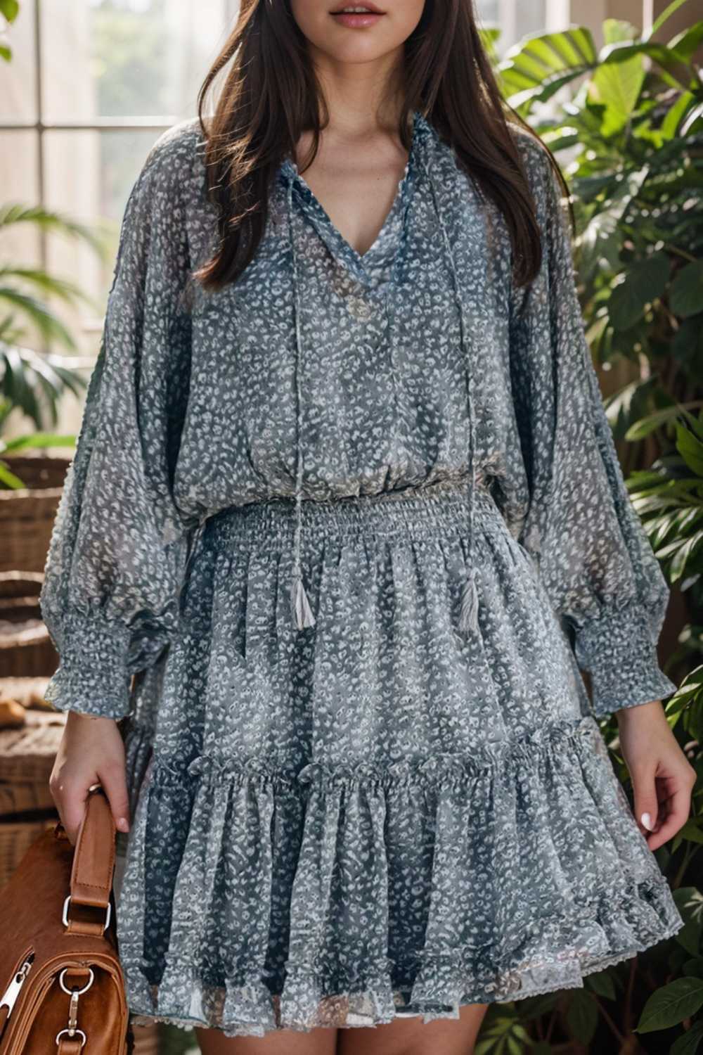 loose leopard print v neck dress drop shoulder a line closed cape paneled 141779