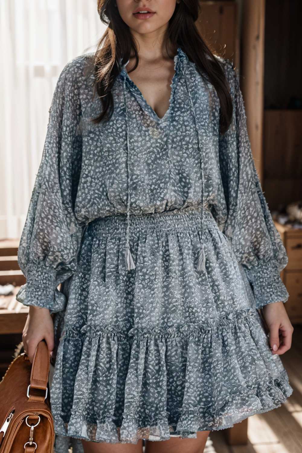 loose leopard print v neck dress drop shoulder a line closed cape paneled 141778