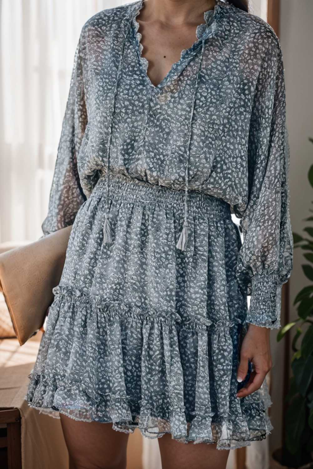 loose leopard print v neck dress drop shoulder a line closed cape paneled 131842