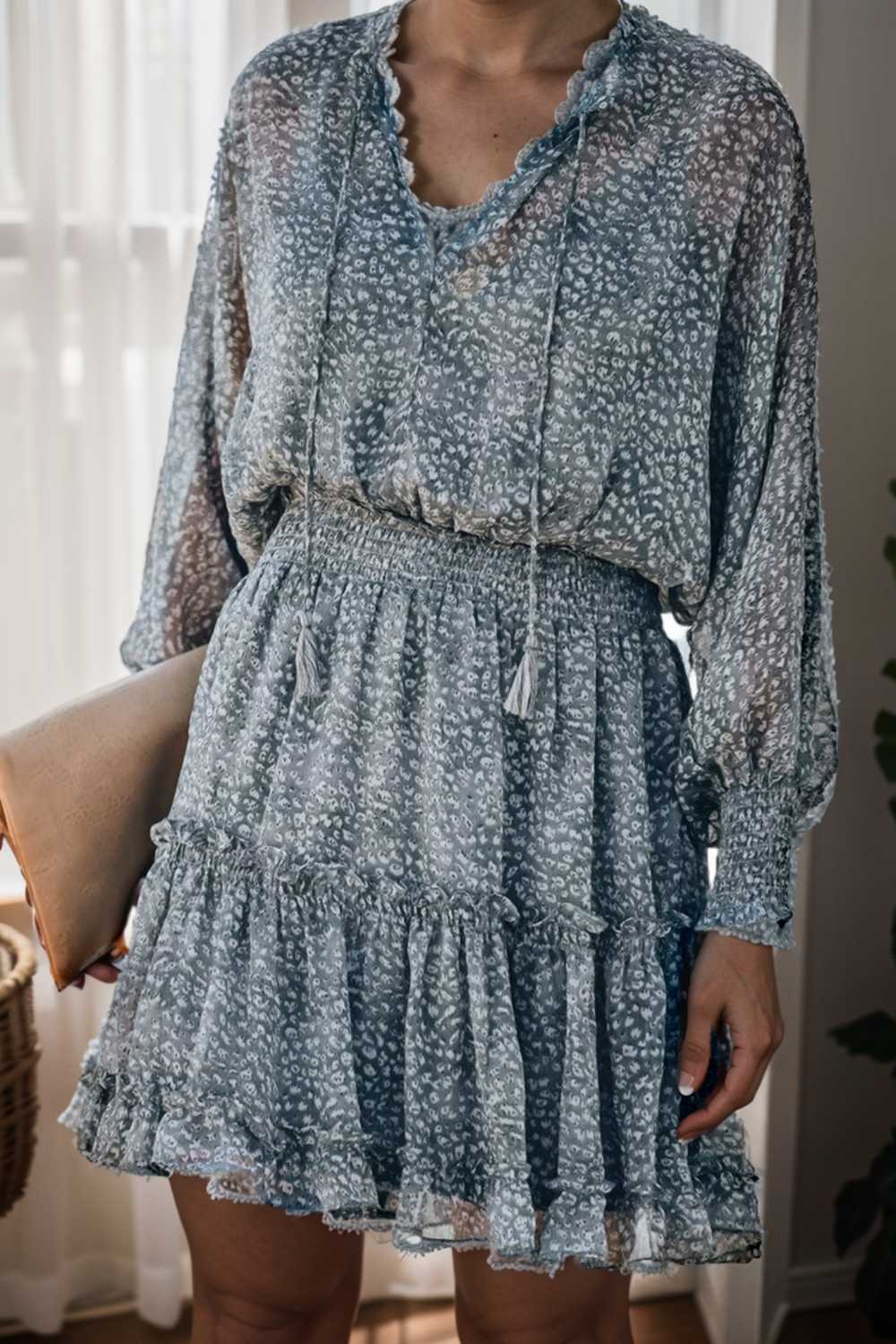 loose leopard print v neck dress drop shoulder a line closed cape paneled 116523