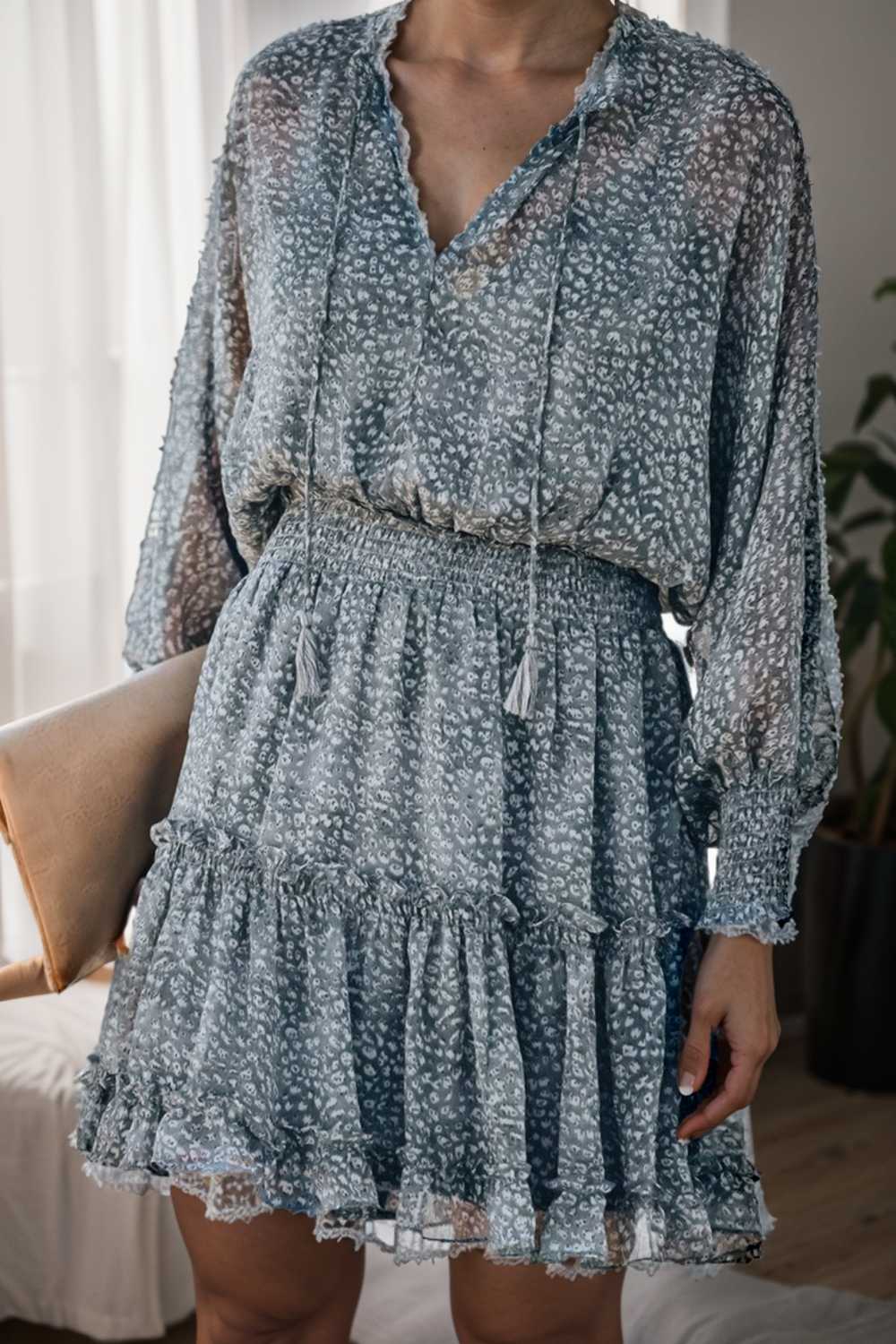 loose leopard print v neck dress drop shoulder a line closed cape paneled 130297