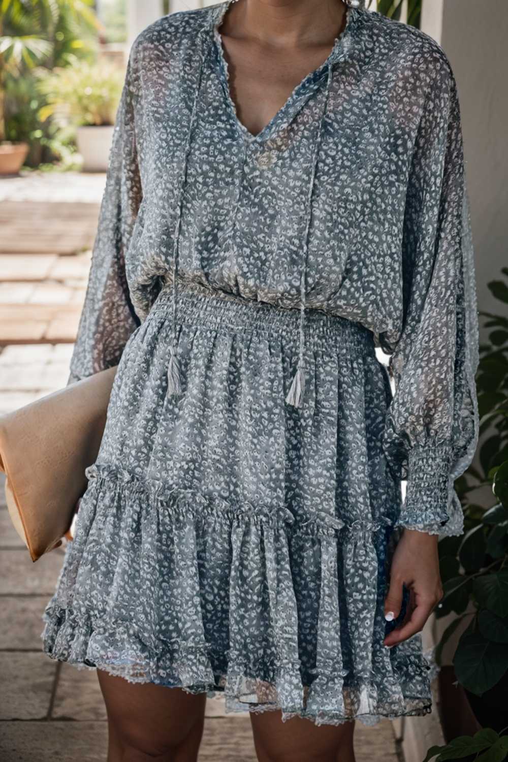 loose leopard print v neck dress drop shoulder a line closed cape paneled 107364