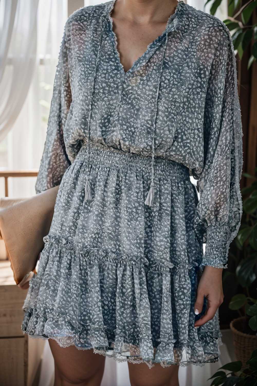 loose leopard print v neck dress drop shoulder a line closed cape paneled 126168