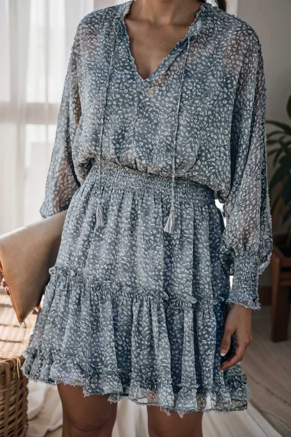 loose leopard print v neck dress drop shoulder a line closed cape paneled 116522