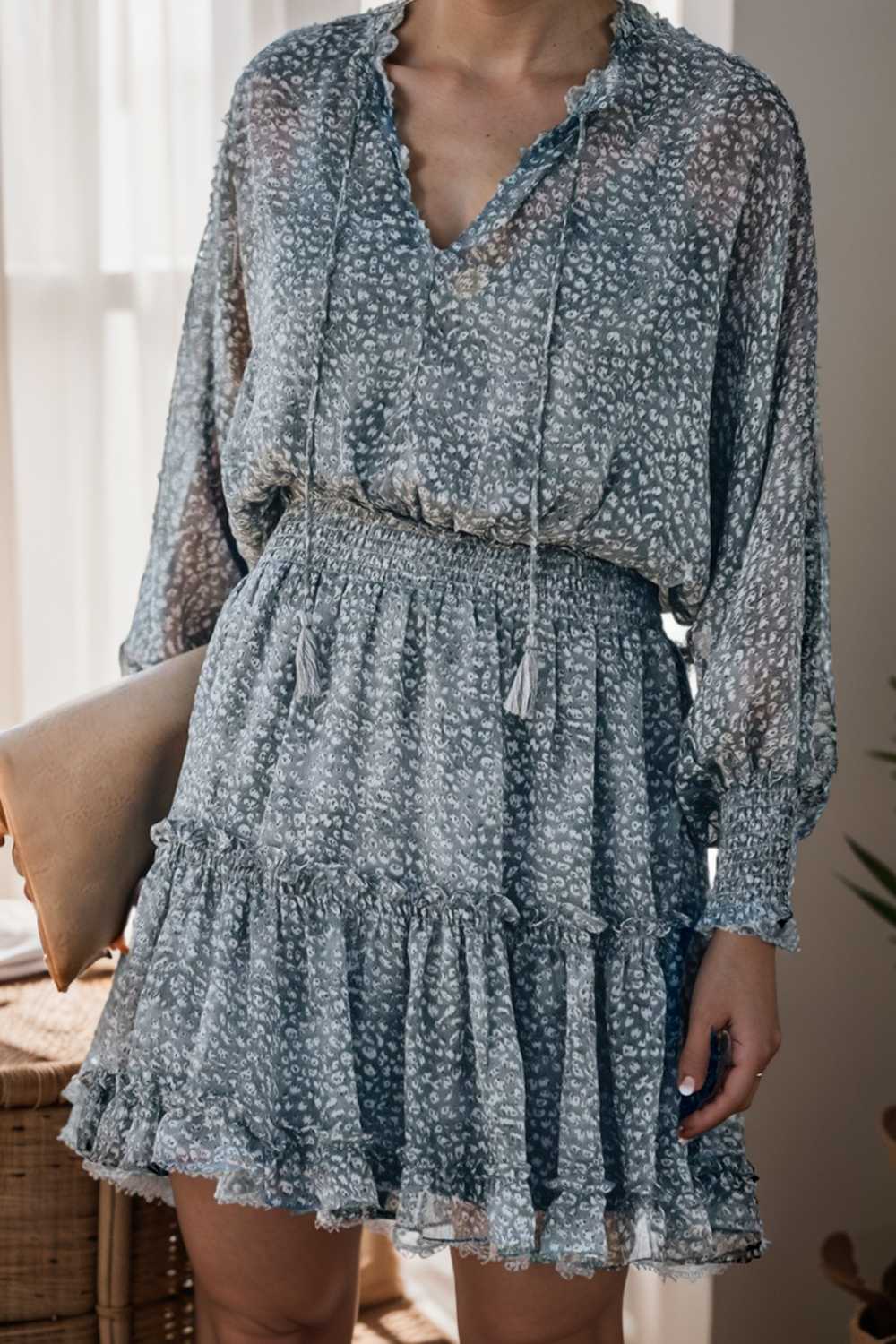 loose leopard print v neck dress drop shoulder a line closed cape paneled 135981