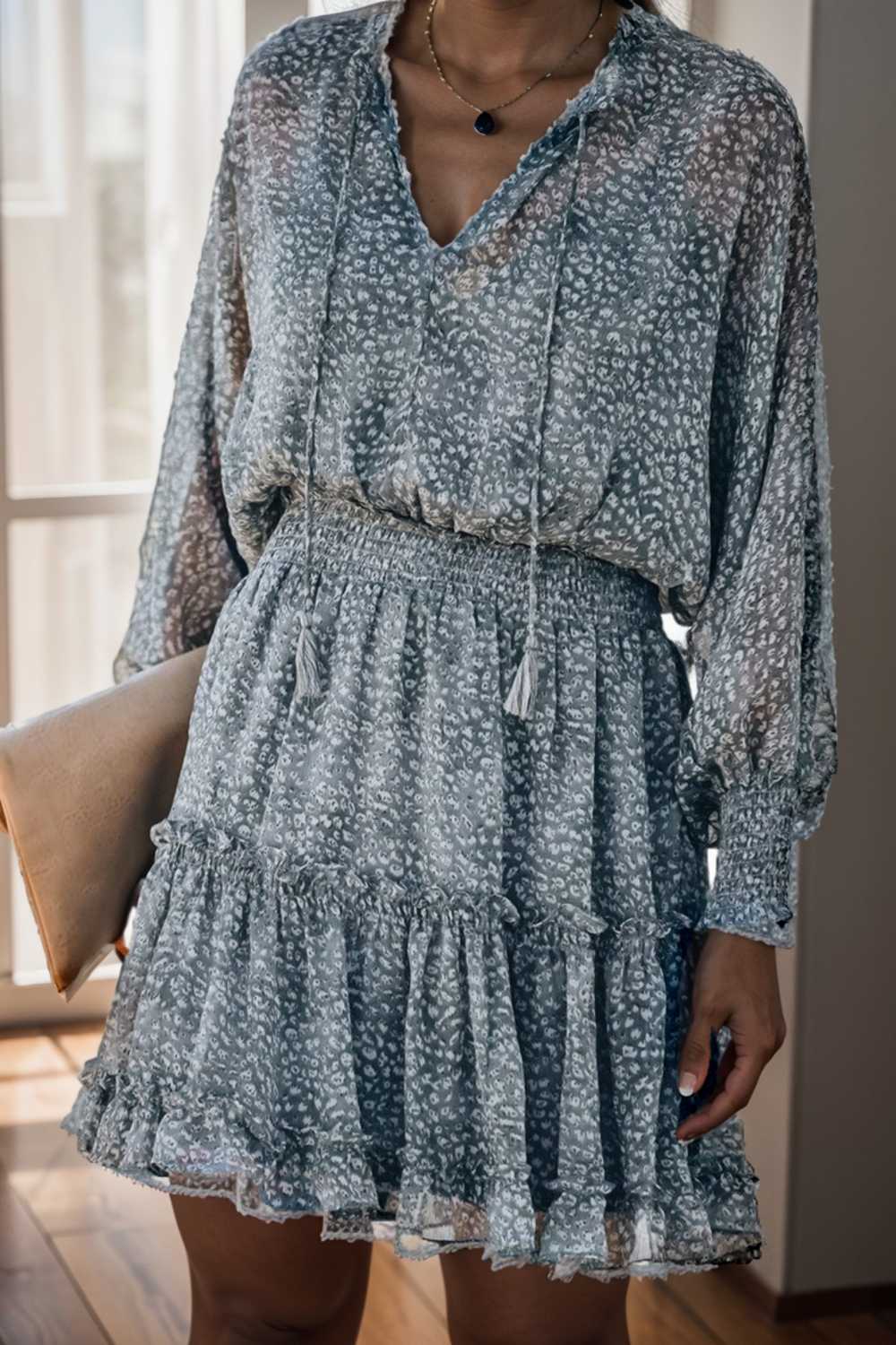 loose leopard print v neck dress drop shoulder a line closed cape paneled 109380