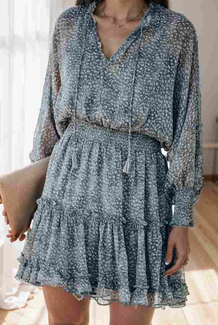 loose leopard print v neck dress drop shoulder a line closed cape paneled 132447