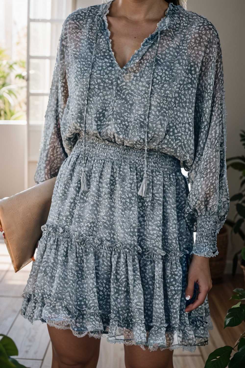 loose leopard print v neck dress drop shoulder a line closed cape paneled 141775