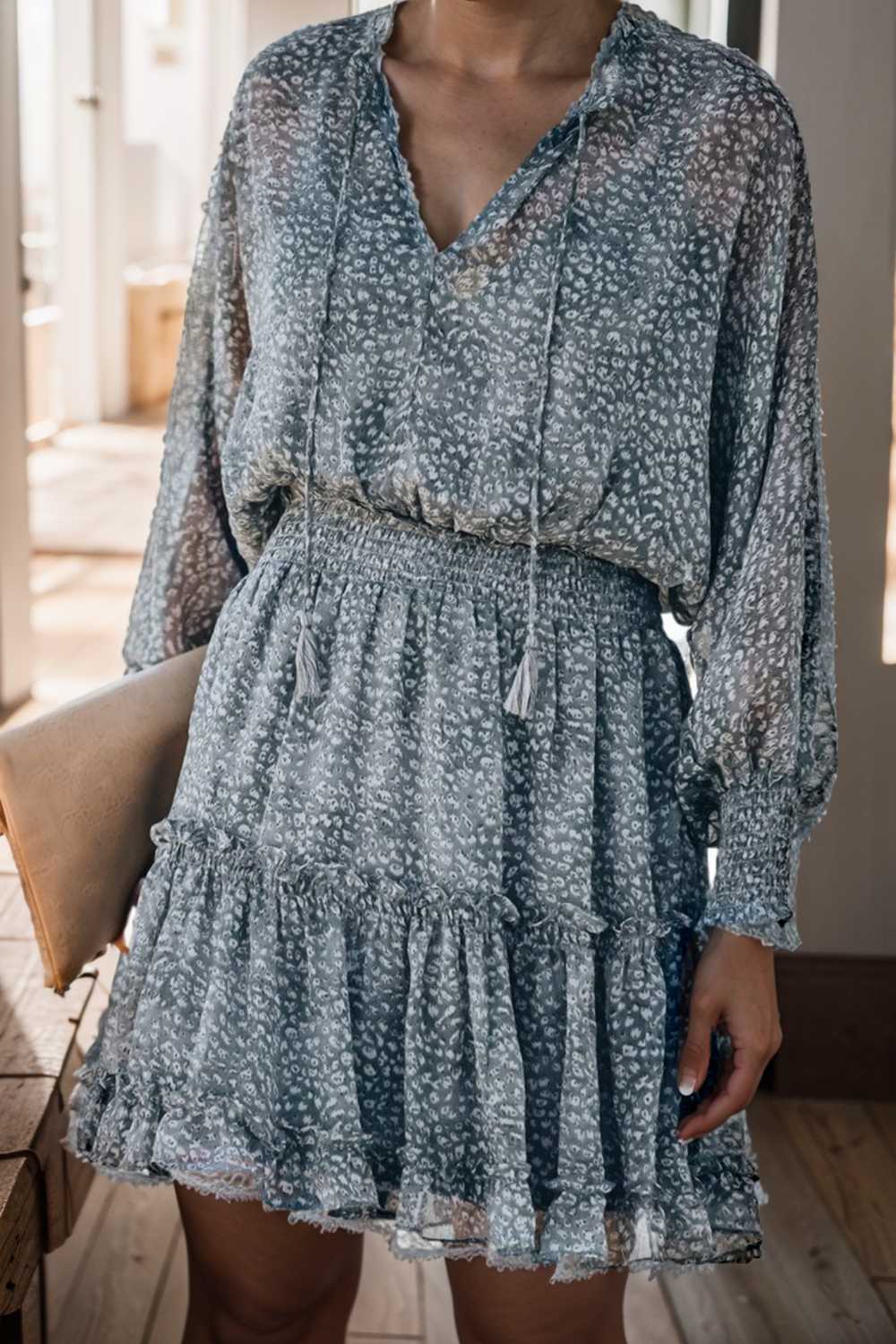 loose leopard print v neck dress drop shoulder a line closed cape paneled 116521