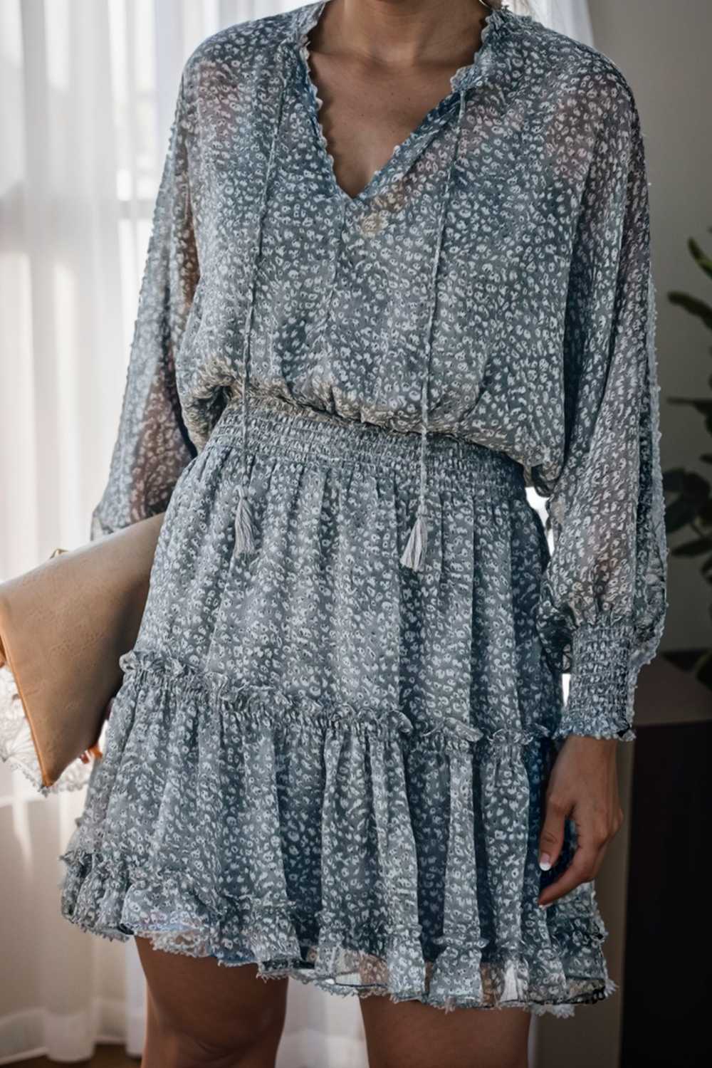 loose leopard print v neck dress drop shoulder a line closed cape paneled 130295