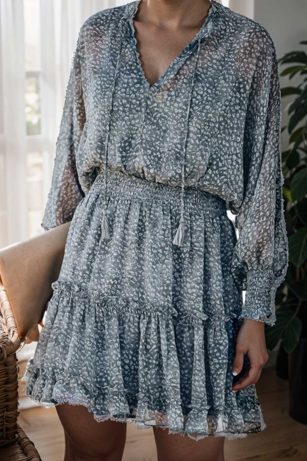 loose leopard print v neck dress drop shoulder a line closed cape paneled 109379