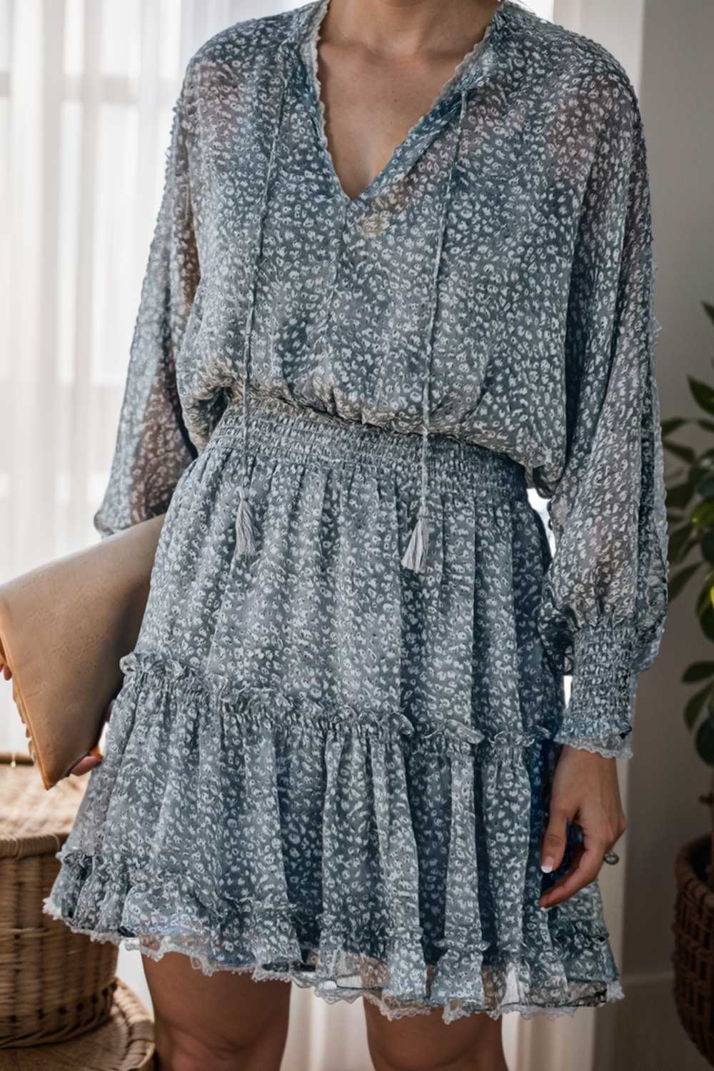 loose leopard print v neck dress drop shoulder a line closed cape paneled 109378