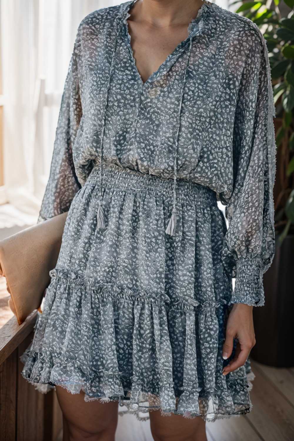 loose leopard print v neck dress drop shoulder a line closed cape paneled 116520
