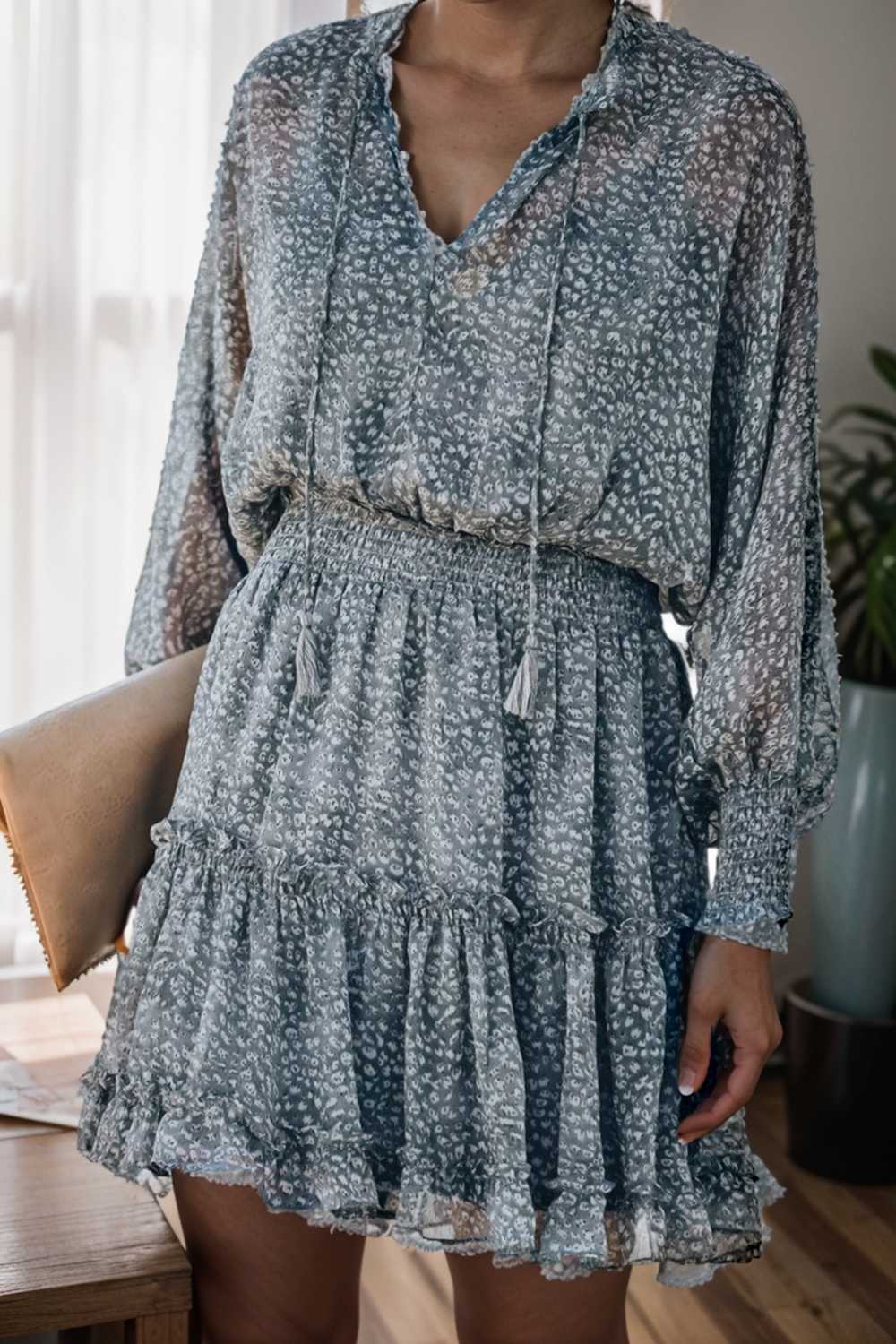 loose leopard print v neck dress drop shoulder a line closed cape paneled 130294