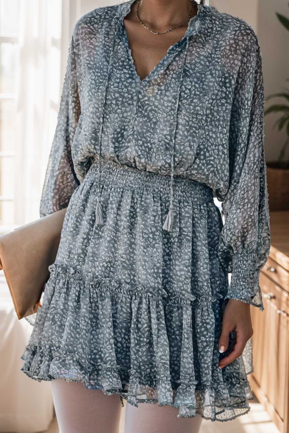loose leopard print v neck dress drop shoulder a line closed cape paneled 141773