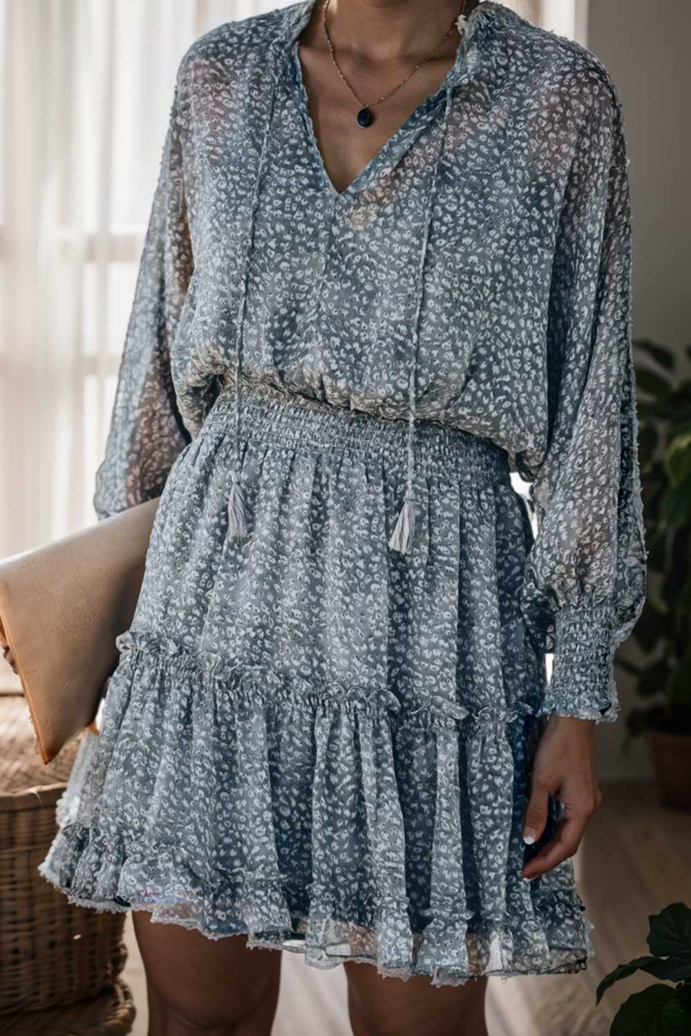 loose leopard print v neck dress drop shoulder a line closed cape paneled 116519