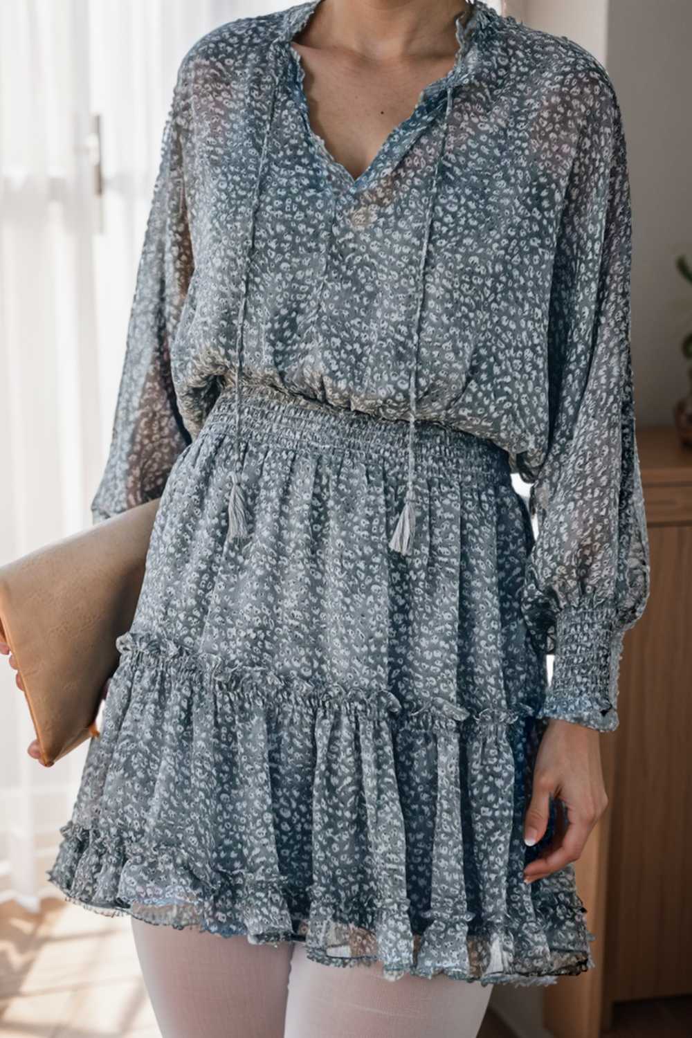 loose leopard print v neck dress drop shoulder a line closed cape paneled 130293