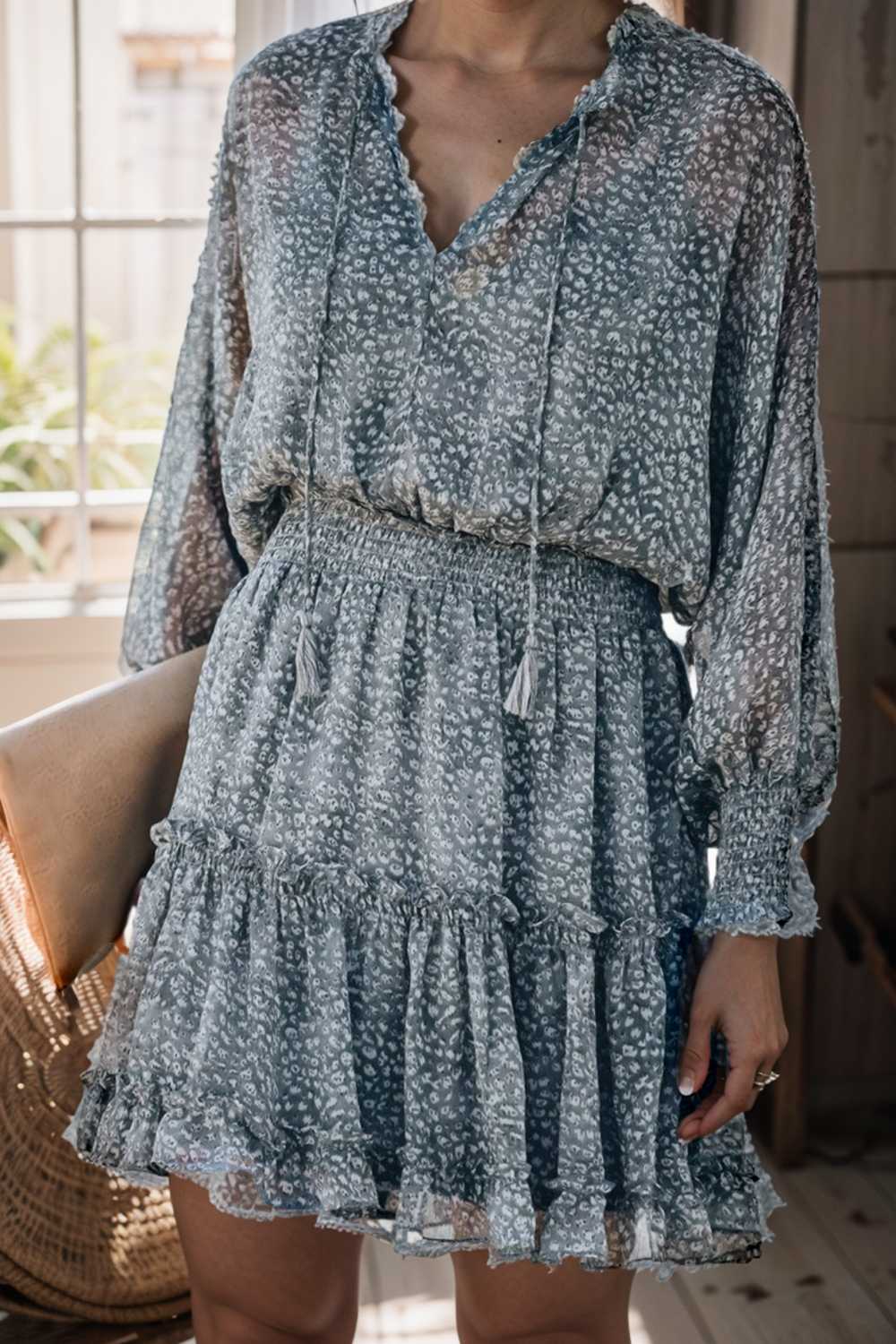 loose leopard print v neck dress drop shoulder a line closed cape paneled 109377