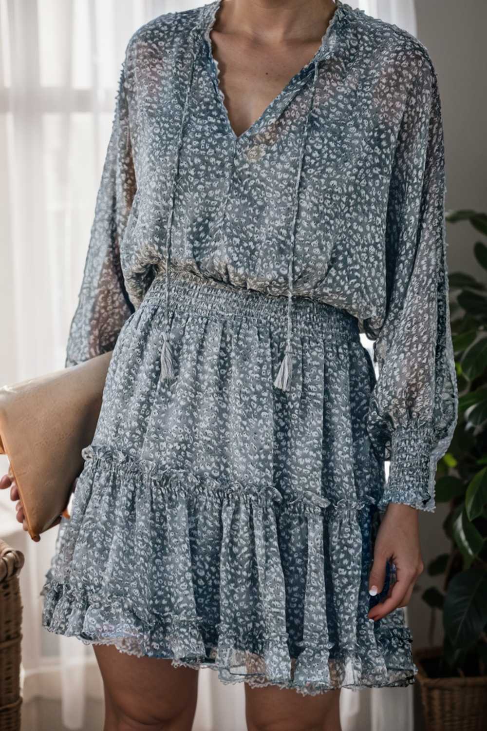 loose leopard print v neck dress drop shoulder a line closed cape paneled 138041