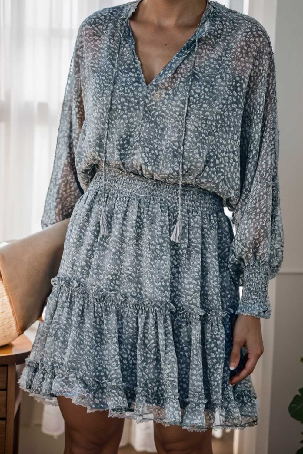 loose leopard print v neck dress drop shoulder a line closed cape paneled 109376