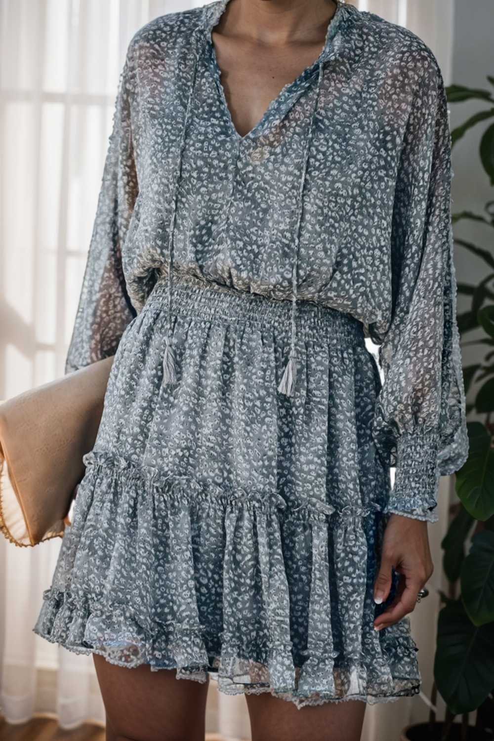 loose leopard print v neck dress drop shoulder a line closed cape paneled 116518