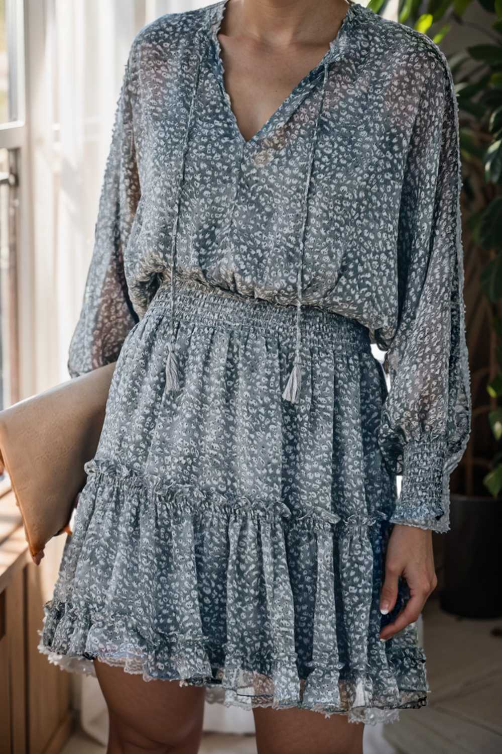 loose leopard print v neck dress drop shoulder a line closed cape paneled 130292