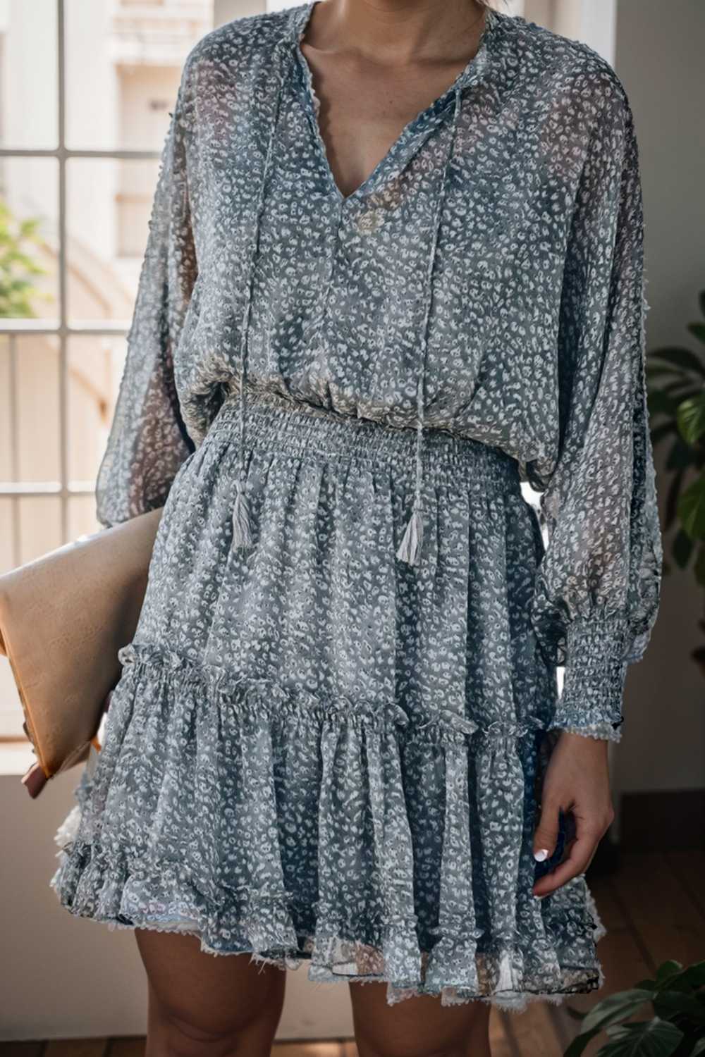 loose leopard print v neck dress drop shoulder a line closed cape paneled 141772