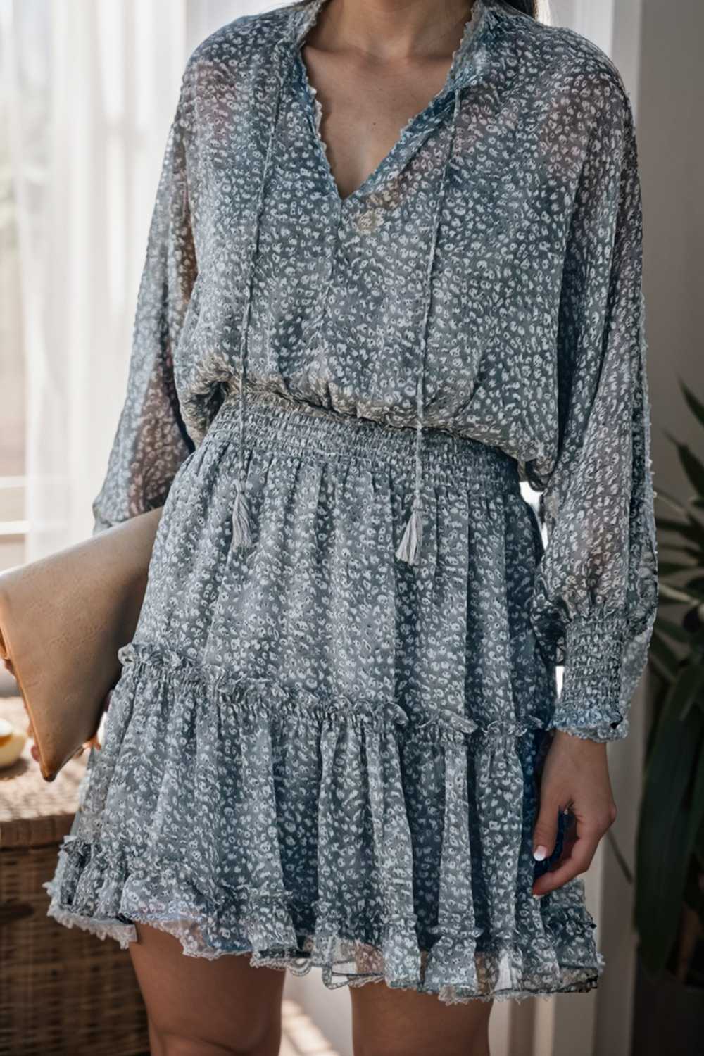 loose leopard print v neck dress drop shoulder a line closed cape paneled 141771