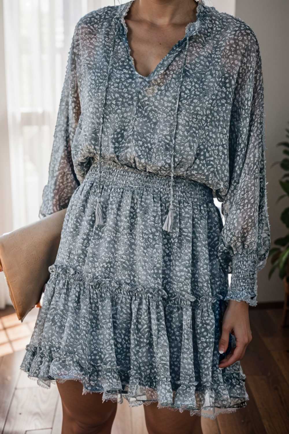 loose leopard print v neck dress drop shoulder a line closed cape paneled 130291