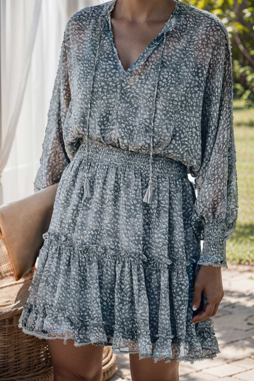 loose leopard print v neck dress drop shoulder a line closed cape paneled 130290